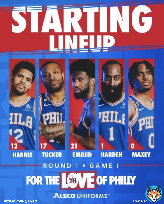 today&rsquo;s starting five: &nbsp;  @Tobias31   P.J. Tucker  @JoelEmbiid  @JHarden13  @TyreseMaxey   @alscouniforms