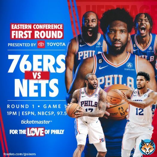 round 1 - game 1.    1:00PM   @NBCSPhilly, @ESPN  @975TheFanatic  @BrooklynNets    | @Ticketmaster   pres. by @Toyota