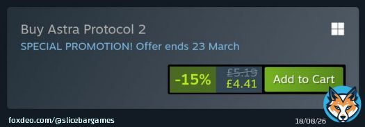 Astra Protocol 2 is now in the #Steam spring sale.  Experience a cassette futuristic space adventure for less than &pound;5!  Available here:   #SteamDeals #SteamSpringSale