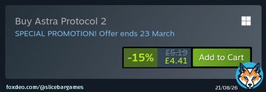 Astra Protocol 2 is now in the #Steam spring sale.  Experience a cassette futuristic space adventure for less than &pound;5!  Available here:   #SteamDeals #SteamSpringSale