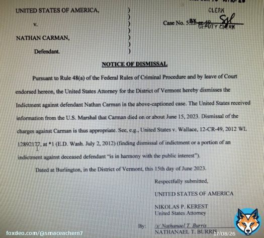 BREAKING on ⁦@7News⁩ >>> US Marshalls file dismissal of case against Nathan Carman due to his death &ldquo;on or about June 15&rdquo; - more details at NOON