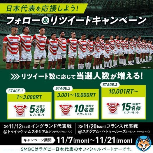 ＼ラグビー日本代表 秋の応援キャンペーン第２弾／  #ラグビー日本代表 は 11/12(土)イングランド代表 11/20(日)フランス代表 とアウェーで対戦！  この投稿をRTしてみんなで日本代表を応援しよう！ RT数に応じて当選人数が増える\u2605 #SMBCラグビー  \u2460@smbc_sportsをフォロー \u2461期間中にこの投稿をRT