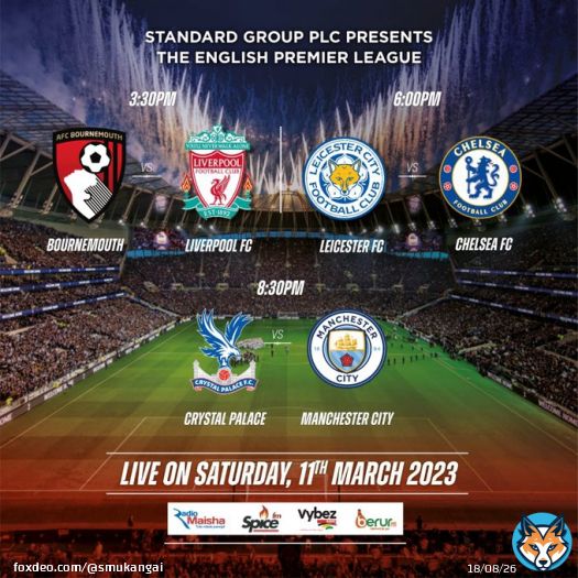 EPL FIXTURES:  SATURDAY 11TH MARCH 2023  Bournemouth vs Liverpool || 3:30pm  Leicester vs Chelsea || 6:00pm  Leeds vs Brighton || 6:00pm.  Everton vs Brentford || 6:00pm  Tottenham vs Forest || 6:00pm  Palace vs Man City || 8:30pm.  Live on 102.7 @radiomaisha   Your Prediction?