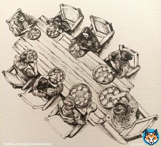 Ink-on-paper artwork 'Dinner at a Mussoorie restaurant' #art #sketchbook #journaling #sketch