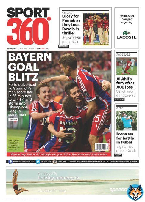 BAYERN GOAL BLITZ is front page news. #FCBayern pulverised #Porto 6-1. Report:  #FCBFCP #UCL