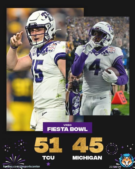TCU SECURES ITS SPOT IN THE NATIONAL CHAMPIONSHIP    The Horned Frogs' win over Michigan is the first playoff win ever for the Big 12    #CFBPlayoff | @TCUFootball