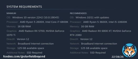 #Starfield Minimum / Recommended Requirements on PC.