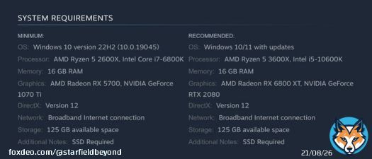 #Starfield Minimum / Recommended Requirements on PC.