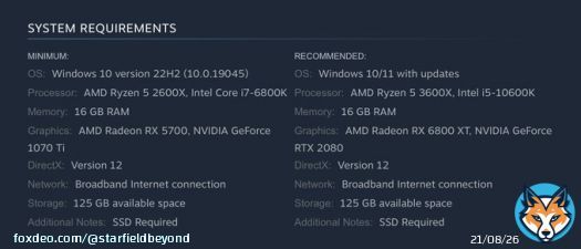 #Starfield Minimum / Recommended Requirements on PC.