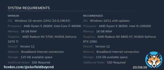 #Starfield Minimum / Recommended Requirements on PC.