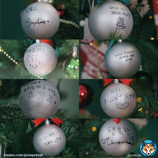skz's christmas tree decoration notes!   'the present is stray kids \u2661'  'merry me \u2661 christmas!' 'christmas gift is...'me'' 'merry christmas, have a warm end of the year '  'stay \u2661 skz on christmas \u2661' 'MERRY X-MAS \u2661' 'have a g\u2661' 'have a good christmas! ^_^'  'happy \u2661 christmas \u2661'