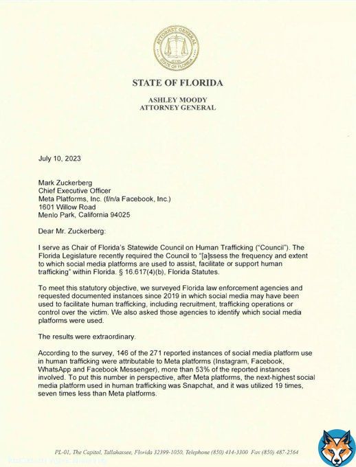 WOW  Florida’s Attorney General is calling for Mark  Zuckerberg to speak to the Statewide Council on Human Trafficking regarding Meta platforms being used most frequently to “assist, facilitate or support human trafficking.”  According to their survey “146 of the 271 reported… Show more