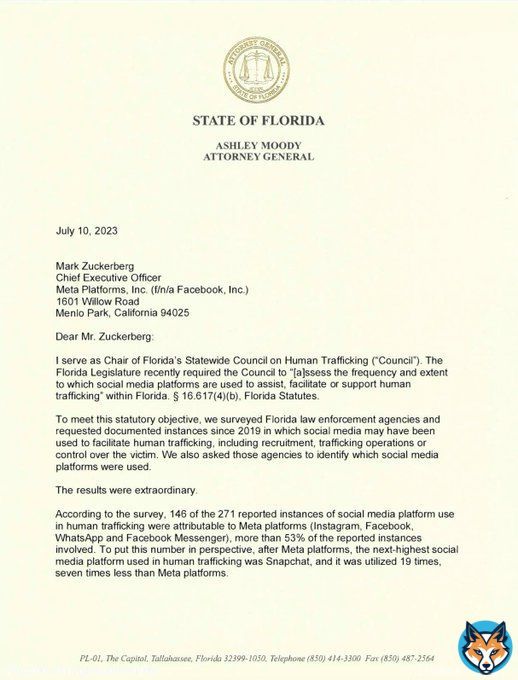 WOW  Florida&rsquo;s Attorney General is calling for Mark  Zuckerberg to speak to the Statewide Council on Human Trafficking regarding Meta platforms being used most frequently to &ldquo;assist, facilitate or support human trafficking.&rdquo;  According to their survey &ldquo;146 of the 271 reported&hellip;&nbsp;Show more