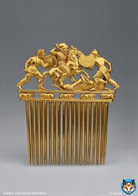 Solid #gold hair comb, created by the Scythian culture approximately 2500 years ago.  Scythia was a large area of the Pontic Steppe on the northern coast of the Black Sea and was inhabited by a nomadic people of Eastern Iranian descent.  Hermitage Museum, St Petersburg, Russia.