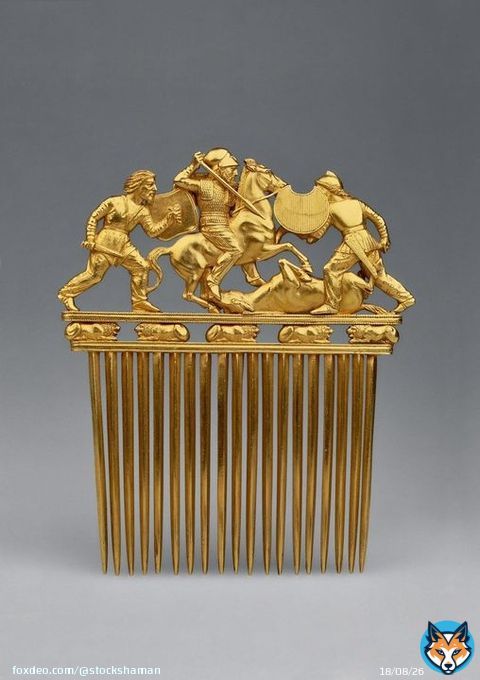 Solid #gold hair comb, created by the Scythian culture approximately 2500 years ago.  Scythia was a large area of the Pontic Steppe on the northern coast of the Black Sea and was inhabited by a nomadic people of Eastern Iranian descent.  Hermitage Museum, St Petersburg, Russia.
