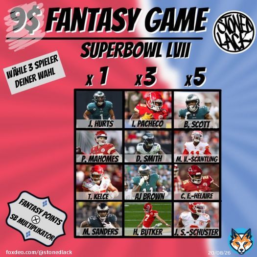 Fantasy Playoff Game Finale  #SBLVII&nbsp; Edition  -) retweeted/liked diesen Tweet -) pickt 3 players of choice  Fantasy points x SB Multiplikator  #NFLPlayoffs #SuperBowl&nbsp; #rannfl #stonedlackarmy #NFLHonors #ChiefsKingdom&nbsp; #FlyEaglesFly