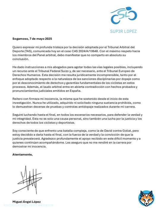 Quiero expresar mi profunda tristeza por la decisión adoptada por el Tribunal Arbitral del Deporte (TAS), comunicada hoy en el caso CAS 2024/A/10648. Con el máximo respeto hacia los miembros del Panel arbitral, debo manifestar que no comparto en absoluto su conclusión.Adjunto