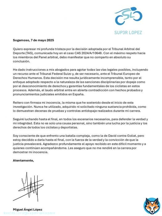 Quiero expresar mi profunda tristeza por la decisión adoptada por el Tribunal Arbitral del Deporte (TAS), comunicada hoy en el caso CAS 2024/A/10648. Con el máximo respeto hacia los miembros del Panel arbitral, debo manifestar que no comparto en absoluto su conclusión.Adjunto