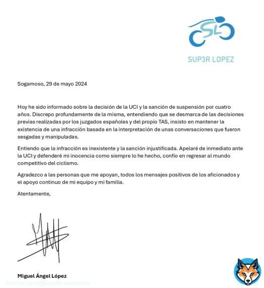 Hoy he sido informado sobre la decisión de la @UCI_cycling y la sanción de suspensión por cuatro años. Discrepo profundamente de la misma, entendiendo que se desmarca de las decisiones previas realizadas por los juzgados españoles y del propio TAS.. Declaración #LucharSinParar