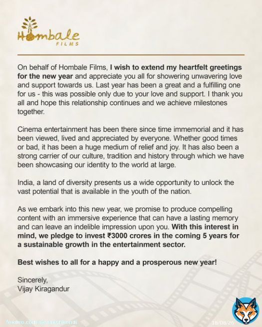 .@hombalefilms to invest ₹3000 Cr over the next 5 years in Entertainment Industry. #Kgf #Salaar