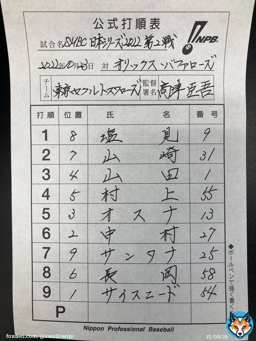 SMBC日本シリーズ2022 10月23日（日） vs  オリックスバファローズ スワローズ本日のスタメン #熱燕 #swallows #チームスワローズ #SMBC日本シリーズ