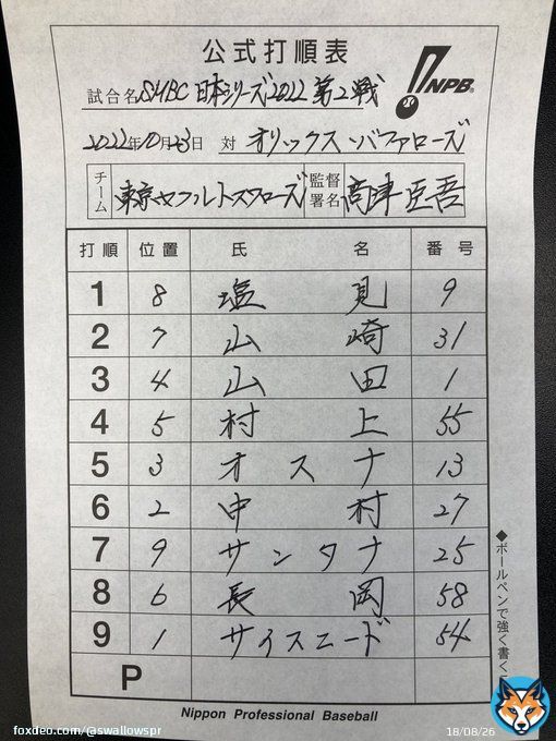 SMBC日本シリーズ2022 10月23日（日） vs  オリックスバファローズ スワローズ本日のスタメン #熱燕 #swallows #チームスワローズ #SMBC日本シリーズ