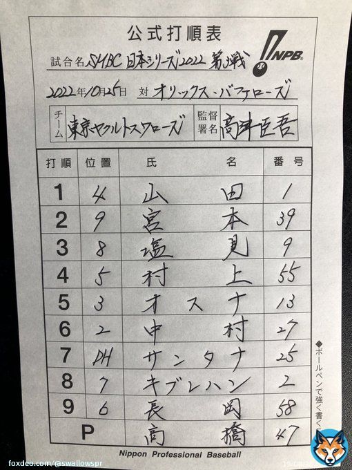 SMBC日本シリーズ2022 10月25日（火） vs  オリックスバファローズ スワローズ本日のスタメン #熱燕 #swallows #チームスワローズ #SMBC日本シリーズ
