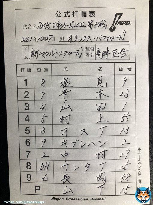SMBC日本シリーズ2022 10月27日（木） vs  オリックスバファローズ スワローズ本日のスタメン #熱燕 #swallows #チームスワローズ #SMBC日本シリーズ