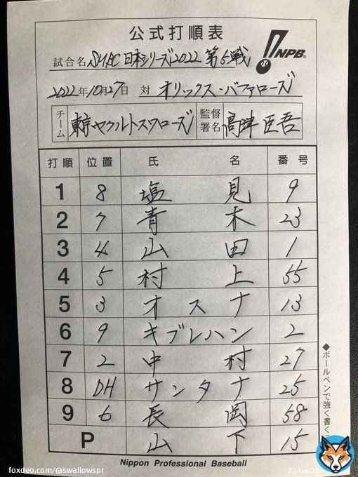 SMBC日本シリーズ2022 10月27日（木） vs  オリックスバファローズ スワローズ本日のスタメン #熱燕 #swallows #チームスワローズ #SMBC日本シリーズ