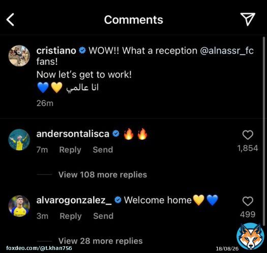 Cristiano Ronaldo's Al-Nassr teammates Talisca & Gonzalez commented under his new Instagram post  #CR7???? #CristianoRonaldo #HalaRonaldo #كرستيانو_رونالدو