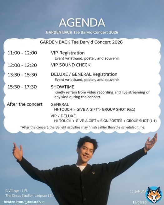 Agenda for Tae Darvid Fancon 11 January 2026 Live at G Village Ladprao18 Bangkok 1 floor The Circus studio Location :  See you in 3 days GARDEN BACK CONCERT For more info :  #GardenBackConcert #TaeDarvid