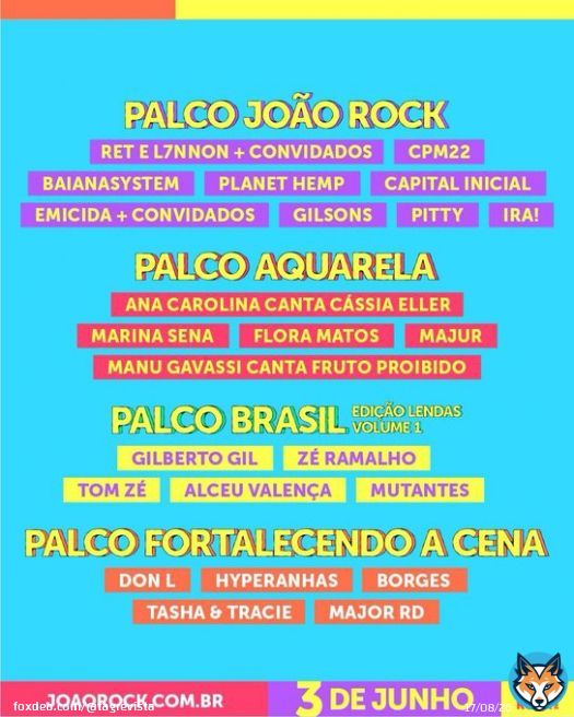 Marina Sena, Tasha & Tracie, Pitty, Gilsons, Manu Gavassi, Flora Matos e Gilberto Gil s&atilde;o algumas das atra&ccedil;&otilde;es do Jo&atilde;o Rock.  O festival acontece no dia 03 de junho no Parque Permanente de Exposi&ccedil;&otilde;es, em S&atilde;o Paulo #JoaoRock20Anos