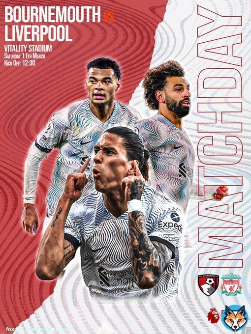 Let's Go, Liverpool!!!  MATCHDAY!!! PREMIER LEAGUE!!   Bournemouth vs Liverpool  Premier League   Vitality Stadium   Sat, 11th March 2023  Ref: (John Brooks)  Kick-off 12:30pm (GMT)  Live on BT Sport 1  Come on you Redmen!  @LFC #YNWA #BOULIV #LFC