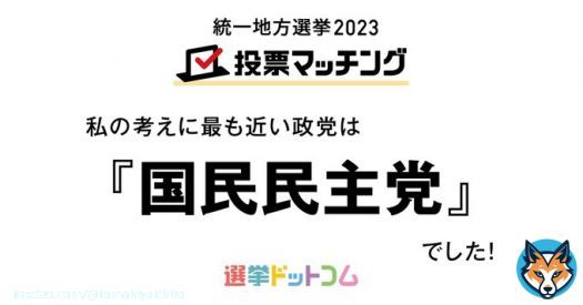 党首なので1位が国民民主党になるのは当たり前だと思うけど、100％じゃないのがモヤる。おもしろいね。 #国民民主党  【 #統一地方選挙2023 】わたしの考えに最も近い政党は『国民民主党』でした！マッチング度は93%です！＜選挙ドットコム＞ #統一地方選挙 #投票マッチング