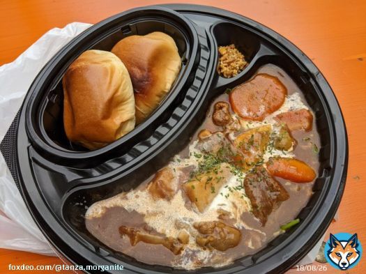 お昼ごはん フードトラックで美味しそうなビーフシチューがあったので外でいただきます