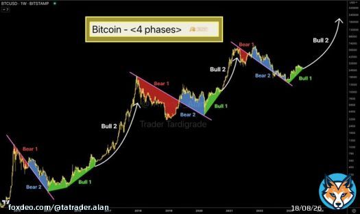 Macro #Bitcoin chart can be divided into 4 phases in each cycle. It seems $BTC is in between Recovery bull phase (Bull 1) and Parabolic bull phase (Bull 2).  #BTC #Crypto
