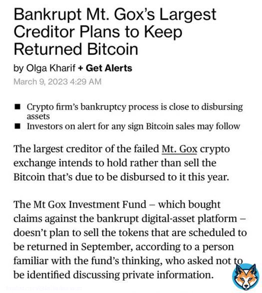 #MtGox largest creditor will not sell it&rsquo;s returned Bitcoin.