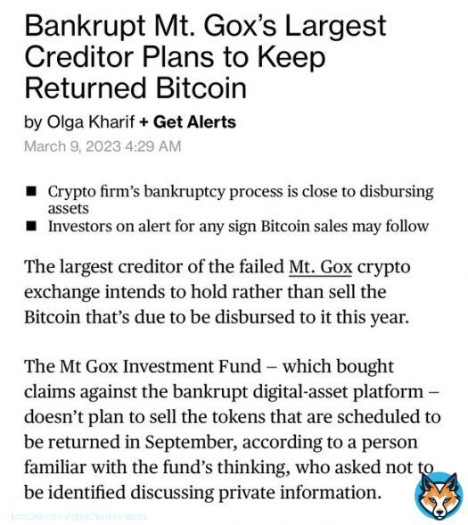 #MtGox largest creditor will not sell it&rsquo;s returned Bitcoin.