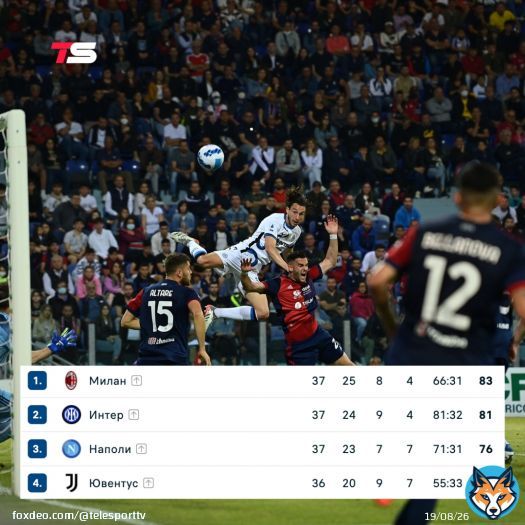 \ud83d\udd25 &laquo;Интер&raquo; обыграл &laquo;Кальяри&raquo; (3:1) и не позволил &laquo;Милану&raquo; досрочно стать чемпионом  Все решится в последнем туре 22 мая:  &laquo;Сассуоло&raquo; &ndash; &laquo;Милан&raquo; &laquo;Интер&raquo; &ndash; &la&laquo;Сампдория&raquo;