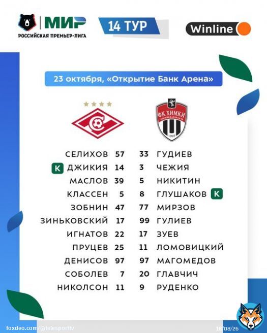 Составы на матч &laquo;Спартак&raquo; &ndash; &laquo;Химки&raquo;. Игра начнется в 16.30 по московскому времени.  &laquo;Спартак&raquo; сегодня играет без Куинси Промеса &ndash; у него перебор желтых карточек.  #РПЛ #СпартакХимки