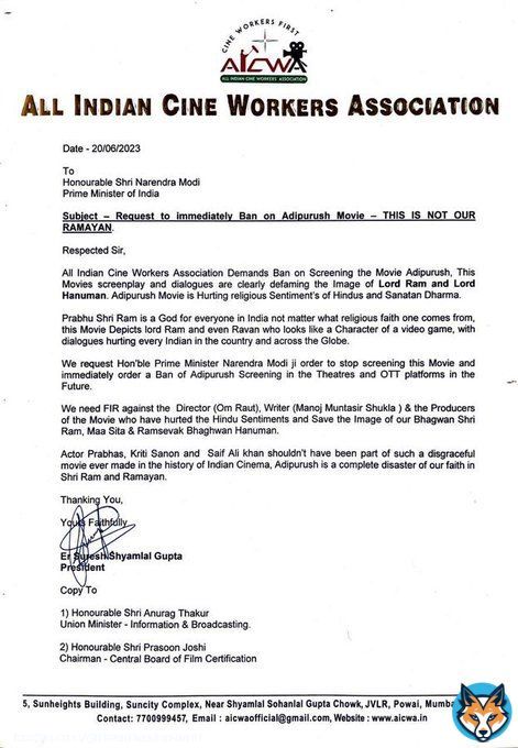 &lsquo;This is not our Ramayan&rsquo;, says the All Indian Cine Workers Association and requested Prime Minister Narendra Modi to Ban screening the movie immediately & also to file an FIR on the writer, director & producers of the film.