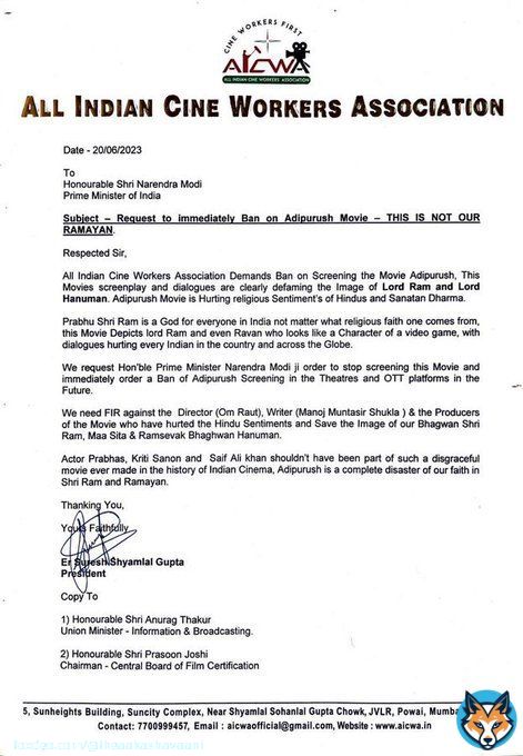 &lsquo;This is not our Ramayan&rsquo;, says the All Indian Cine Workers Association and requested Prime Minister Narendra Modi to Ban screening the movie immediately & also to file an FIR on the writer, director & producers of the film.