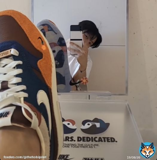 Hoseok is wearing The Kasina x Nike Air Max 1 Mandarin Duck Grey. #JHOPE