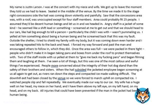 My experience at Red Rocks tonight.  I'm still awake because I'm furious and the adrenaline dump was unreal and because I want to make sure I don't show signs of a concussion.