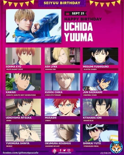 ( ?????? ????????)  Happy birthday to the one and only Uchida Yuuma!! Thank you for blessing us with your voice, from your characters to your songs. We wish you all the best!  #内田雄馬  お誕生日おめでとうございます! @yuma_u_official