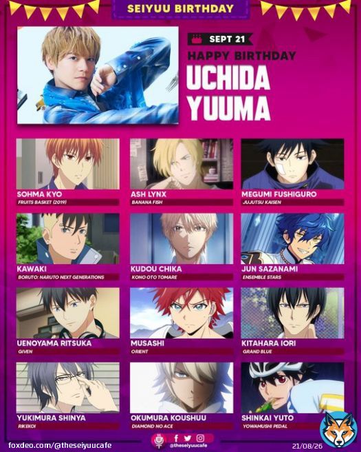 ( ?????? ????????)  Happy birthday to the one and only Uchida Yuuma!! Thank you for blessing us with your voice, from your characters to your songs. We wish you all the best!  #内田雄馬  お誕生日おめでとうございます! @yuma_u_official