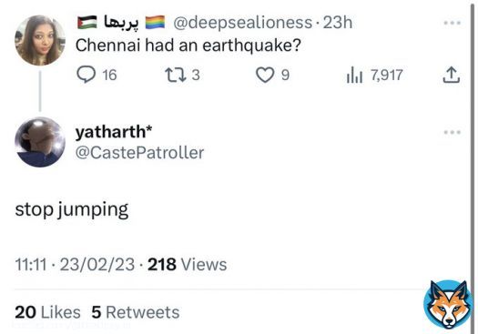 #Breaking  Jumping of @deepsealioness causes earthquakes in Chennai. People are in crisis as their houses fall apart.  Reports @CastePatroller