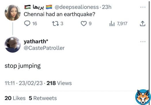 #Breaking  Jumping of @deepsealioness causes earthquakes in Chennai. People are in crisis as their houses fall apart.  Reports @CastePatroller