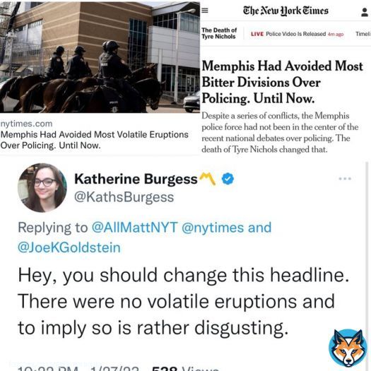 After getting rightly called out by local reporters like @KathsBurgess the @nytimes changes a headline saying MEMPHIS is having a &ldquo;volatile eruption&rdquo; &mdash;protests are peaceful.  And this is far from the first &ldquo;bitter division over policing&rdquo; in Memphis. @AllMattNYT @JoeKGoldstein