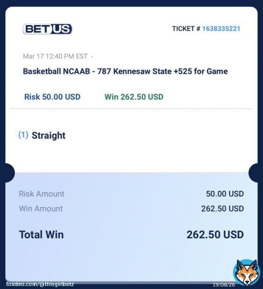 #BetUSMadness @BetUS_Official   Today is bet #4  This is the one. Im chasing dogs.   Kennesaw St ML +525   #GamblingTwitter  #CBB #NCAAB #LFG   Sign up and get 125% bonus up to $2500